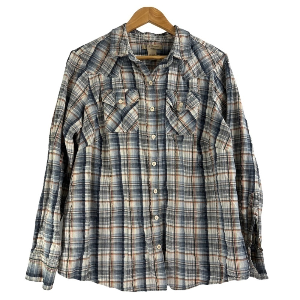 Ruff Hewn Woman Blue Multi Color Plaid Button Up 100% Cotton Front Pocket Sze 1X